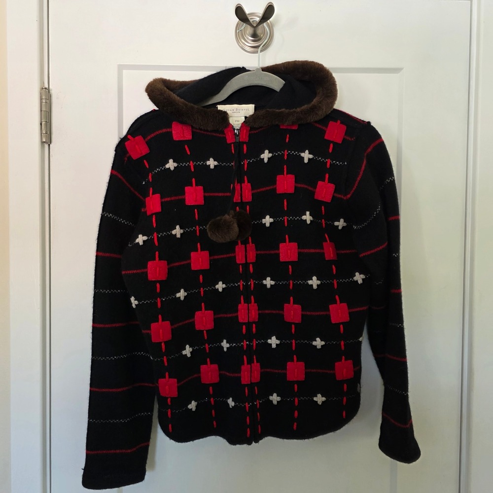 Susan Bristol VTG Y2K Lambswool Zip Hoodie Faux Fur Trim Black Red PM Novelty